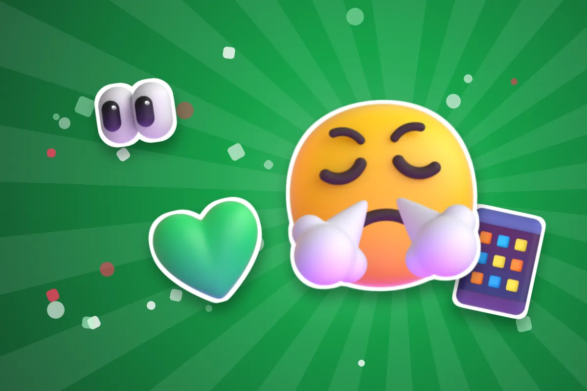 Jealousy test illustration with an angry face with steam, a green heart, a mobile phone and a pair of eyes